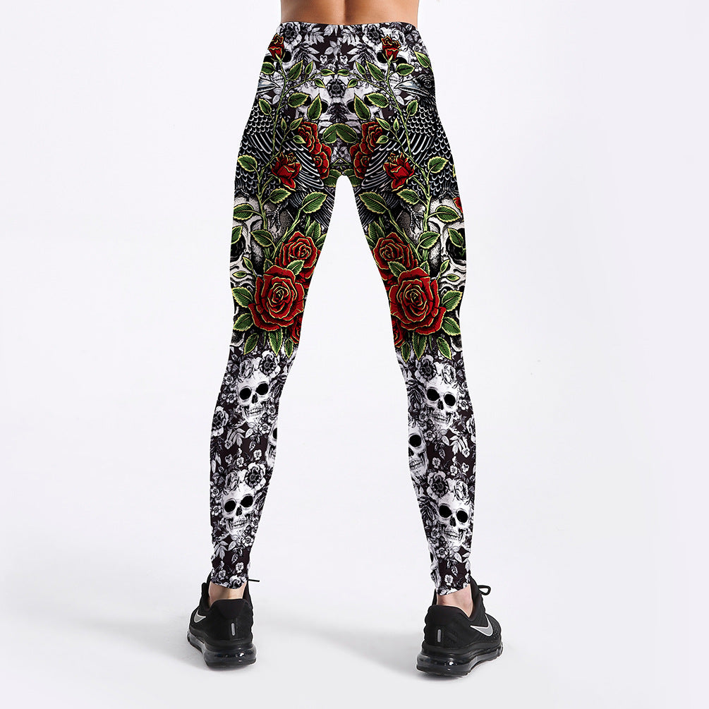 Halloween Rose Skull Print Women's Leggings