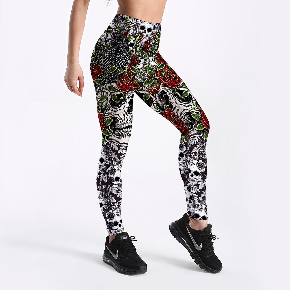 Halloween Rose Skull Print Women's Leggings