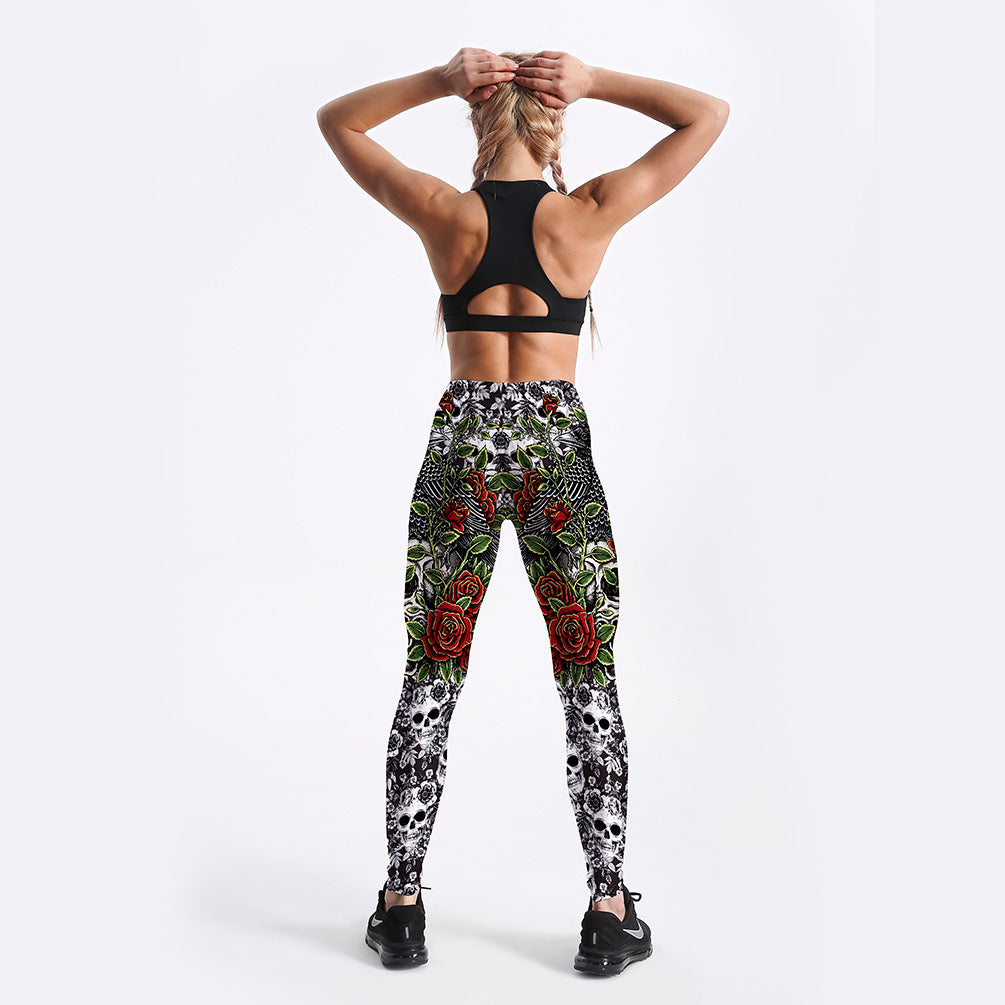 Halloween Rose Skull Print Women's Leggings